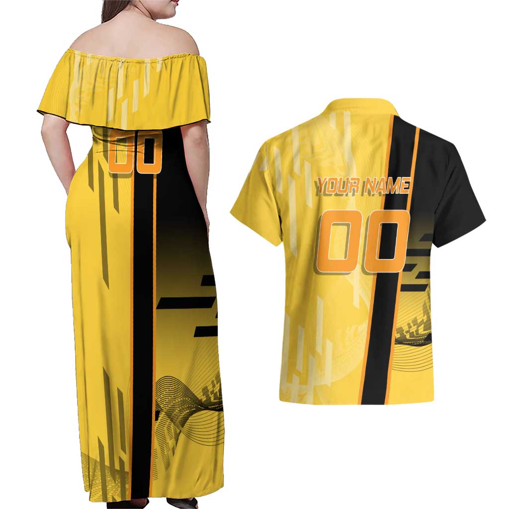 Personalized Zenitsu Agatsuki Demon Slayer Badminton Theme Couples Matching Off Shoulder Maxi Dress and Hawaiian Shirt with Racket Action Pose and Yellow Black Graphic Design - The Mazicc