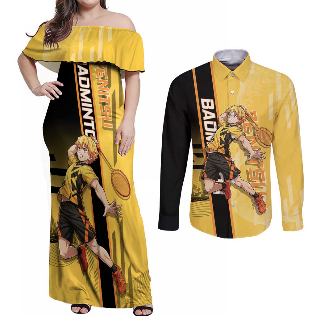 Personalized Zenitsu Agatsuki Demon Slayer Badminton Theme Couples Matching Off Shoulder Maxi Dress and Long Sleeve Button Shirt with Racket Action Pose and Yellow Black Graphic Design - The Mazicc