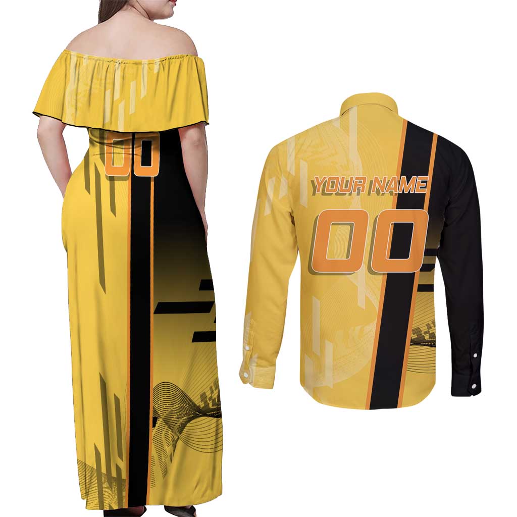 Personalized Zenitsu Agatsuki Demon Slayer Badminton Theme Couples Matching Off Shoulder Maxi Dress and Long Sleeve Button Shirt with Racket Action Pose and Yellow Black Graphic Design - The Mazicc