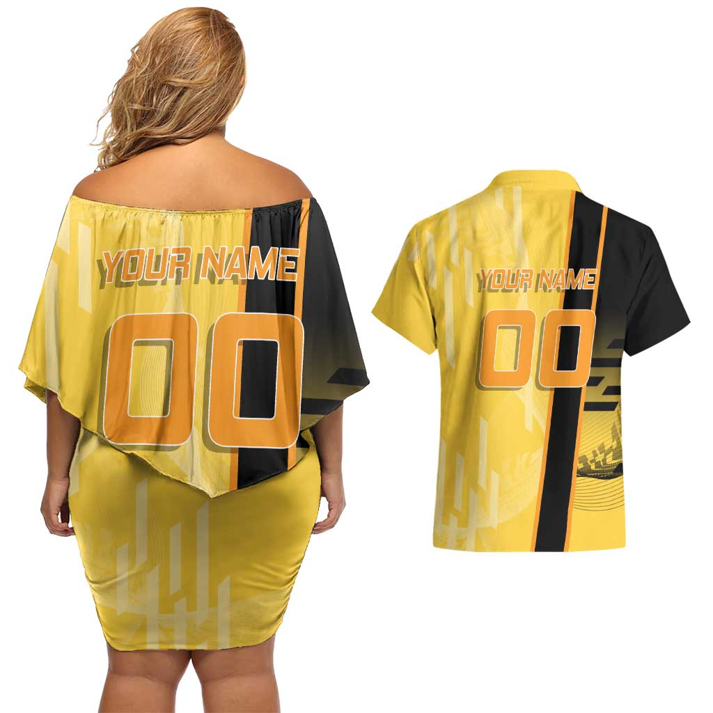 Personalized Zenitsu Agatsuki Demon Slayer Badminton Theme Couples Matching Off Shoulder Short Dress and Hawaiian Shirt with Racket Action Pose and Yellow Black Graphic Design - The Mazicc