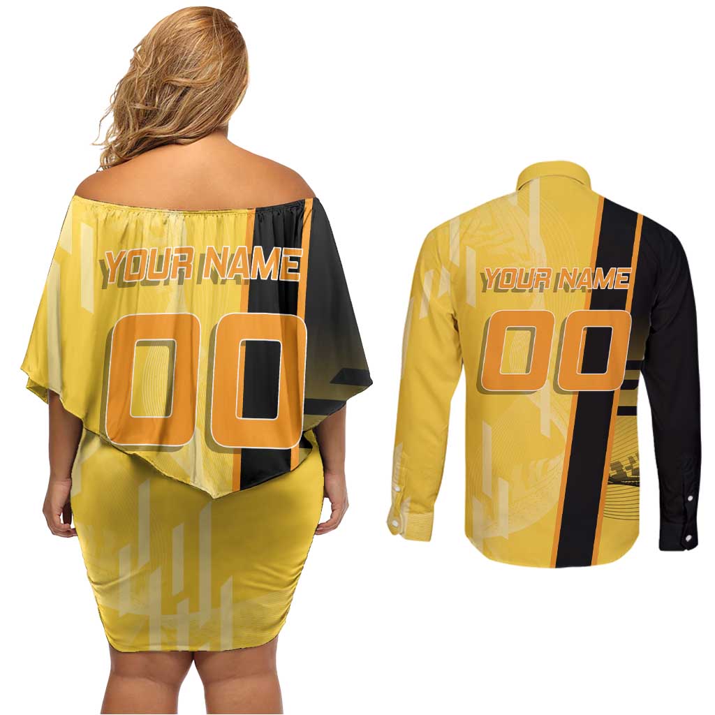 Personalized Zenitsu Agatsuki Demon Slayer Badminton Theme Couples Matching Off Shoulder Short Dress and Long Sleeve Button Shirt with Racket Action Pose and Yellow Black Graphic Design - The Mazicc