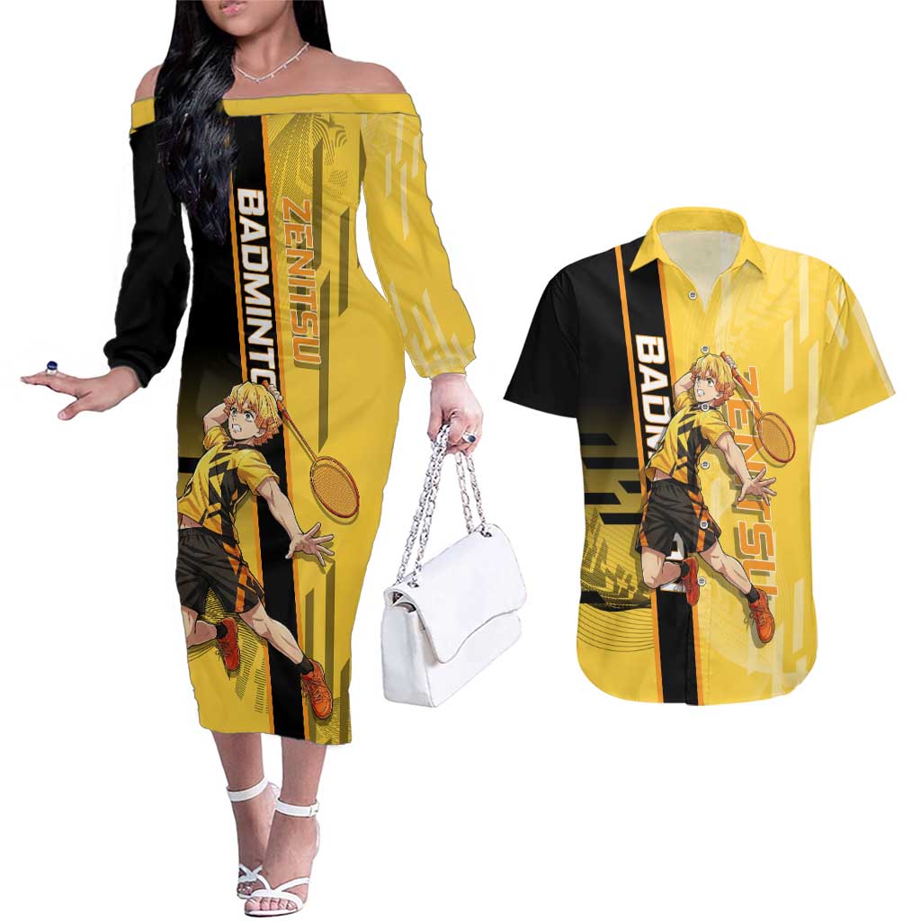 Personalized Zenitsu Agatsuki Demon Slayer Badminton Theme Couples Matching Off The Shoulder Long Sleeve Dress and Hawaiian Shirt with Racket Action Pose and Yellow Black Graphic Design - The Mazicc