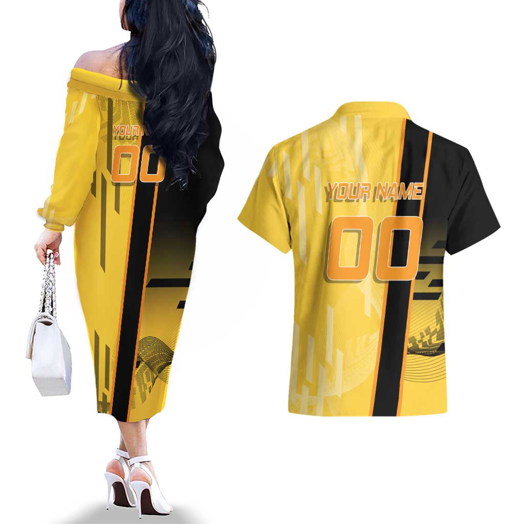 Personalized Zenitsu Agatsuki Demon Slayer Badminton Theme Couples Matching Off The Shoulder Long Sleeve Dress and Hawaiian Shirt with Racket Action Pose and Yellow Black Graphic Design - The Mazicc
