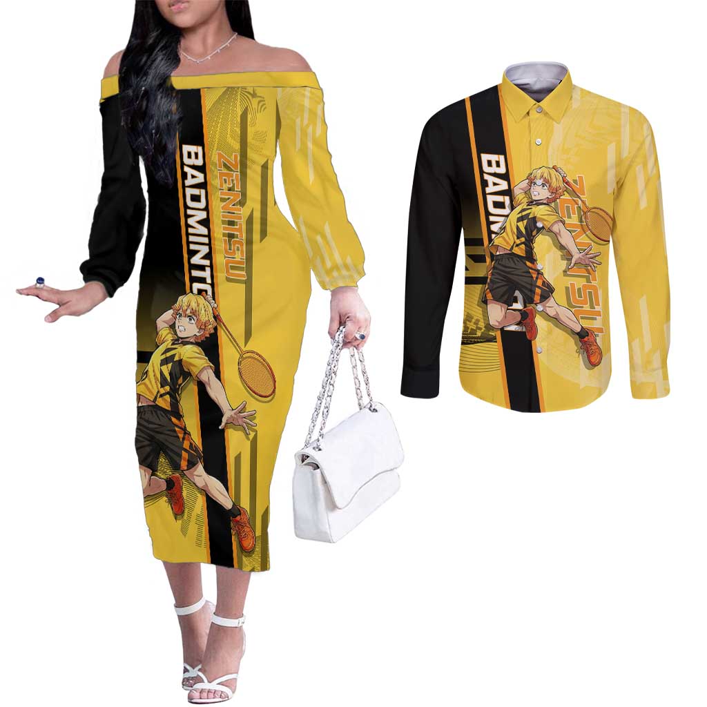 Personalized Zenitsu Agatsuki Demon Slayer Badminton Theme Couples Matching Off The Shoulder Long Sleeve Dress and Long Sleeve Button Shirt with Racket Action Pose and Yellow Black Graphic Design - The Mazicc