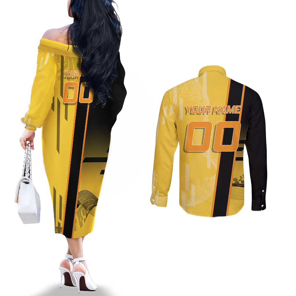 Personalized Zenitsu Agatsuki Demon Slayer Badminton Theme Couples Matching Off The Shoulder Long Sleeve Dress and Long Sleeve Button Shirt with Racket Action Pose and Yellow Black Graphic Design - The Mazicc