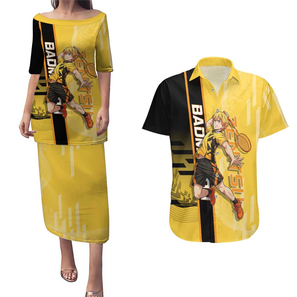 Personalized Zenitsu Agatsuki Demon Slayer Badminton Theme Couples Matching Puletasi and Hawaiian Shirt with Racket Action Pose and Yellow Black Graphic Design - The Mazicc