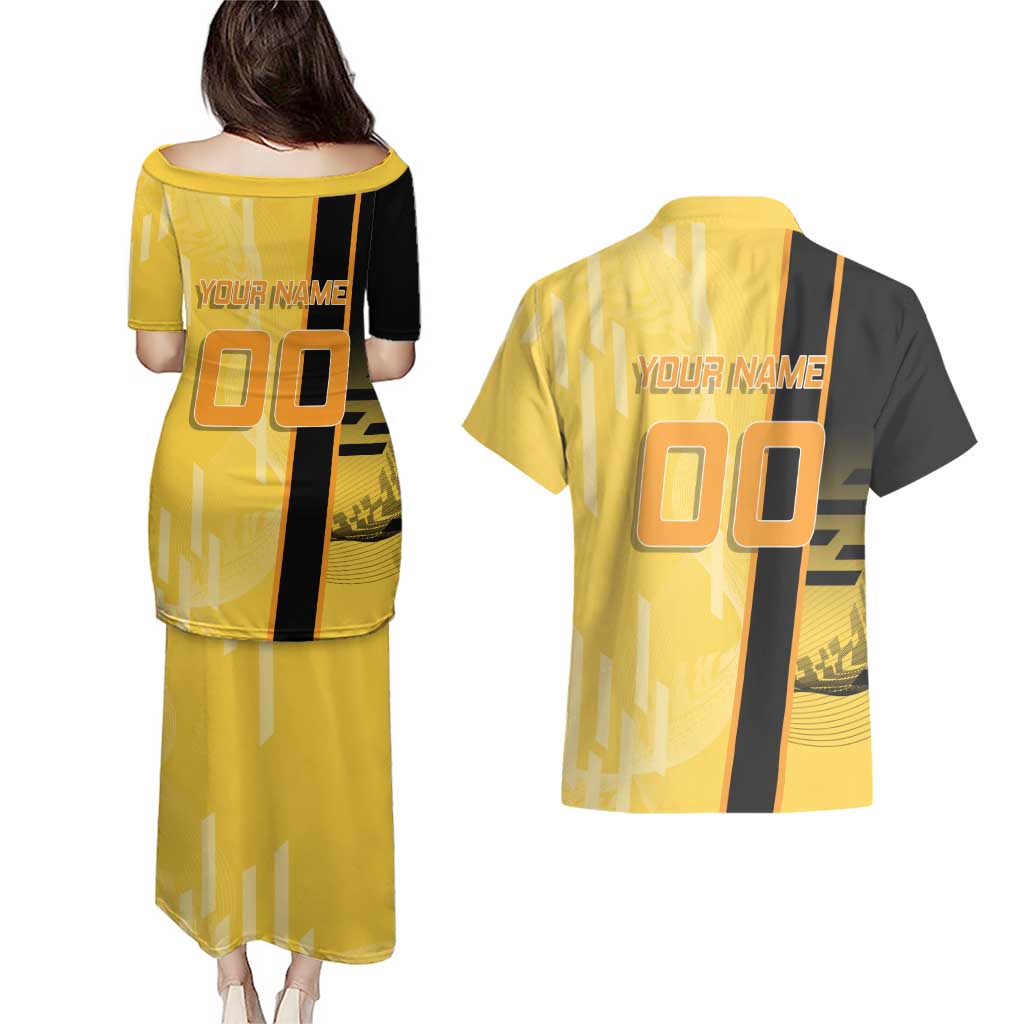 Personalized Zenitsu Agatsuki Demon Slayer Badminton Theme Couples Matching Puletasi and Hawaiian Shirt with Racket Action Pose and Yellow Black Graphic Design - The Mazicc