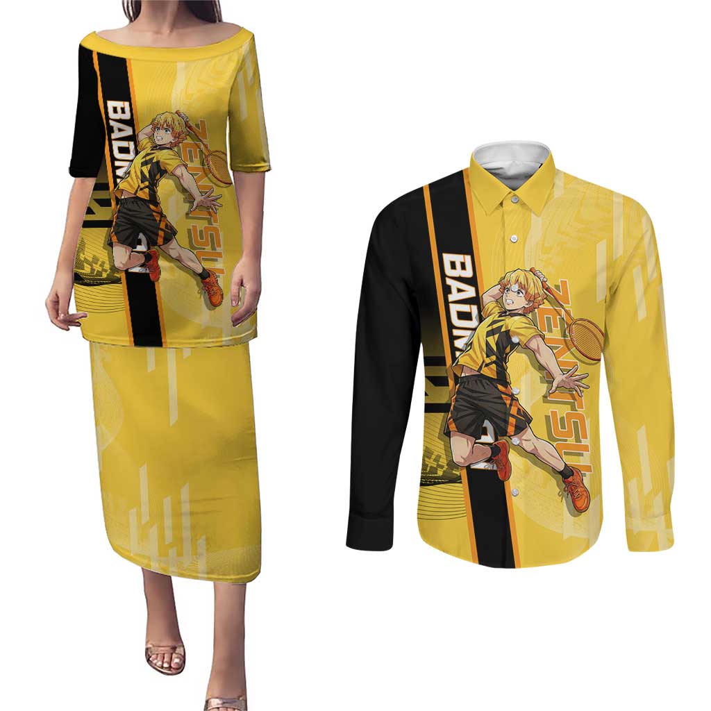 Personalized Zenitsu Agatsuki Demon Slayer Badminton Theme Couples Matching Puletasi and Long Sleeve Button Shirt with Racket Action Pose and Yellow Black Graphic Design - The Mazicc