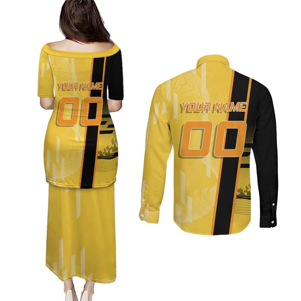 Personalized Zenitsu Agatsuki Demon Slayer Badminton Theme Couples Matching Puletasi and Long Sleeve Button Shirt with Racket Action Pose and Yellow Black Graphic Design - The Mazicc
