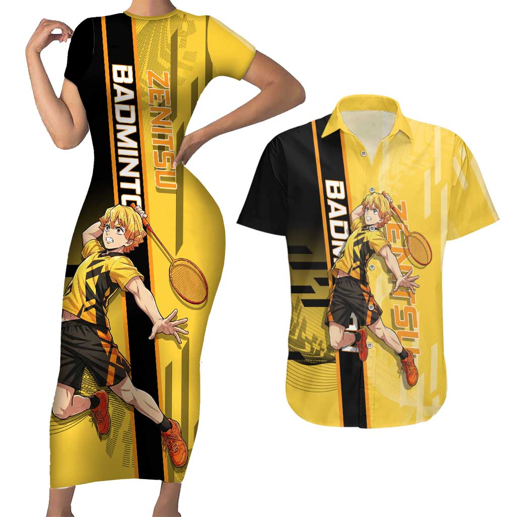 Personalized Zenitsu Agatsuki Demon Slayer Badminton Theme Couples Matching Short Sleeve Bodycon Dress and Hawaiian Shirt with Racket Action Pose and Yellow Black Graphic Design - The Mazicc