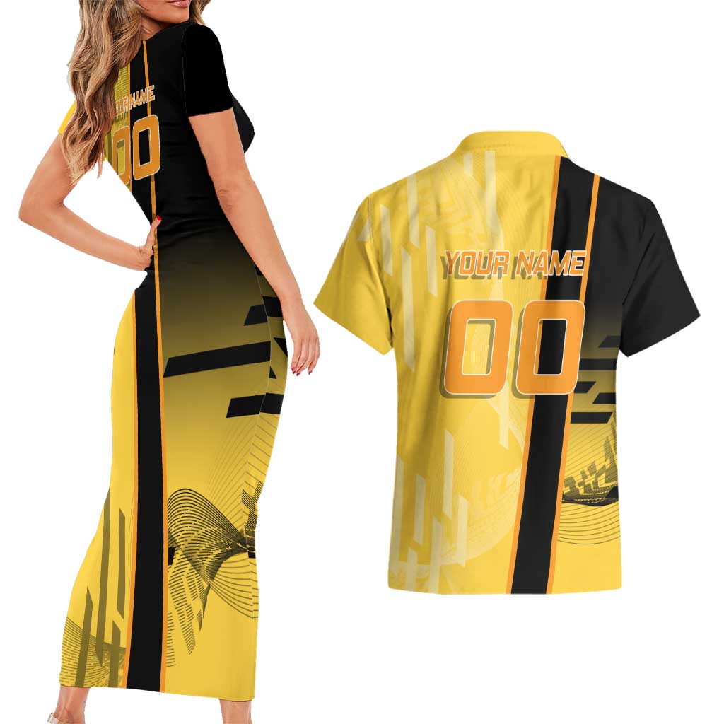 Personalized Zenitsu Agatsuki Demon Slayer Badminton Theme Couples Matching Short Sleeve Bodycon Dress and Hawaiian Shirt with Racket Action Pose and Yellow Black Graphic Design - The Mazicc