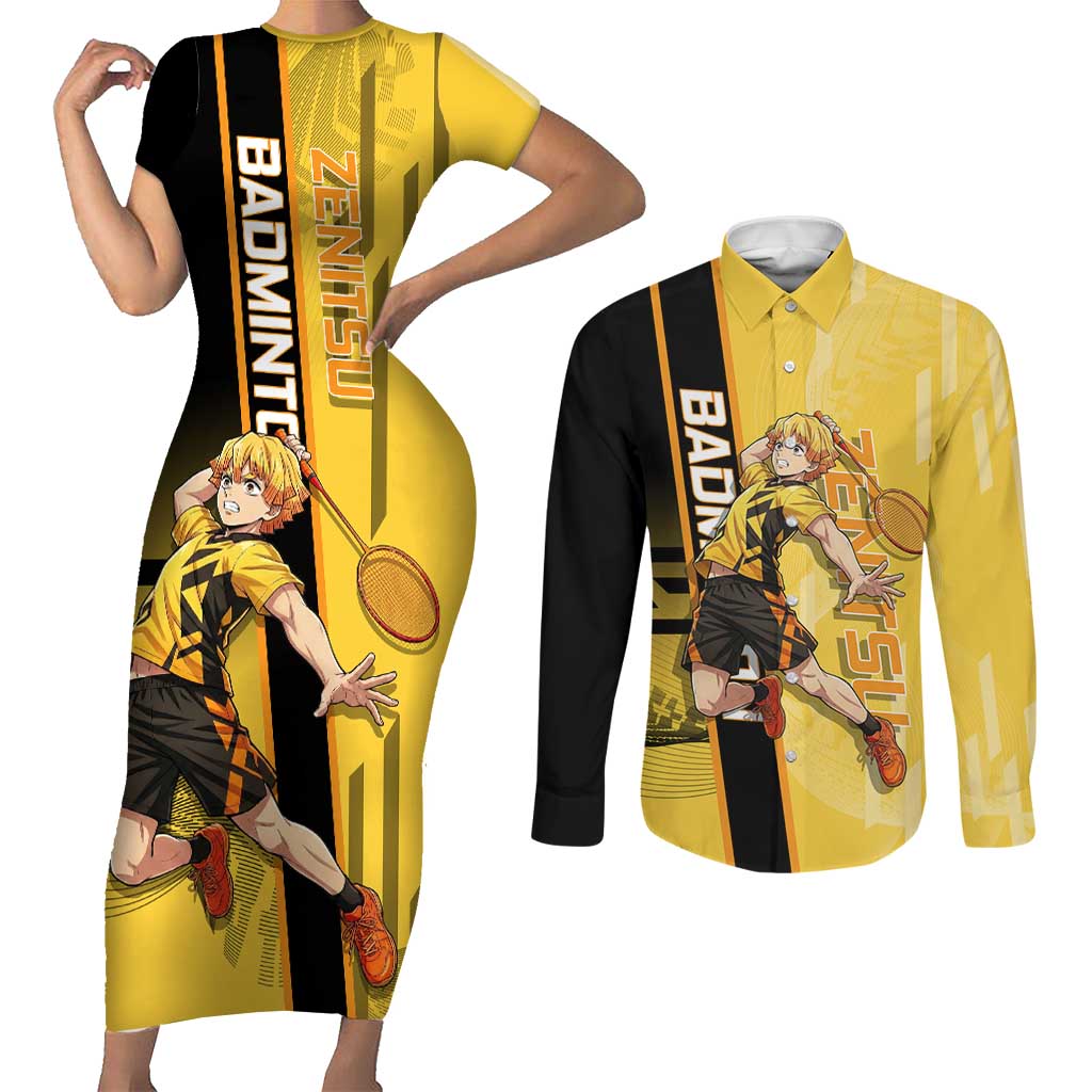 Personalized Zenitsu Agatsuki Demon Slayer Badminton Theme Couples Matching Short Sleeve Bodycon Dress and Long Sleeve Button Shirt with Racket Action Pose and Yellow Black Graphic Design - The Mazicc