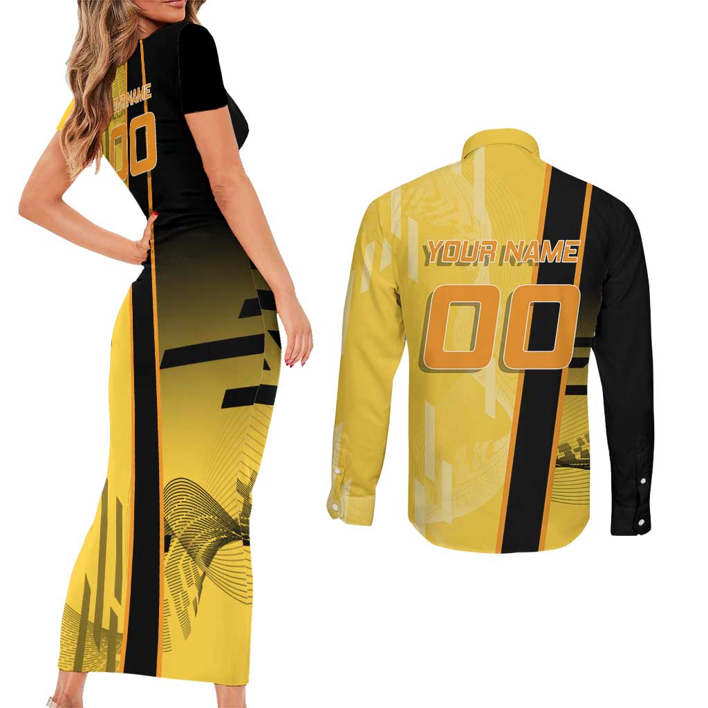 Personalized Zenitsu Agatsuki Demon Slayer Badminton Theme Couples Matching Short Sleeve Bodycon Dress and Long Sleeve Button Shirt with Racket Action Pose and Yellow Black Graphic Design - The Mazicc