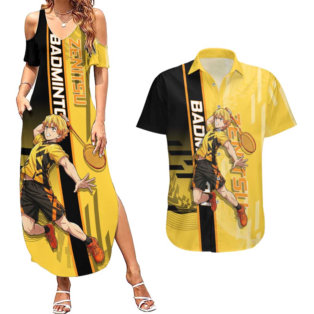 Personalized Zenitsu Agatsuki Demon Slayer Badminton Theme Couples Matching Summer Maxi Dress and Hawaiian Shirt with Racket Action Pose and Yellow Black Graphic Design - The Mazicc
