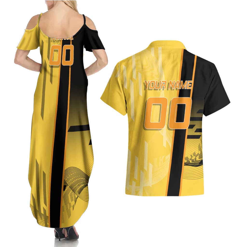 Personalized Zenitsu Agatsuki Demon Slayer Badminton Theme Couples Matching Summer Maxi Dress and Hawaiian Shirt with Racket Action Pose and Yellow Black Graphic Design - The Mazicc