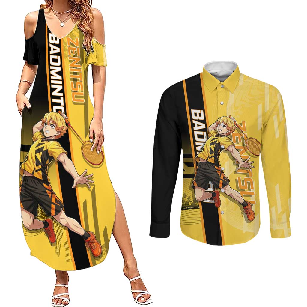 Personalized Zenitsu Agatsuki Demon Slayer Badminton Theme Couples Matching Summer Maxi Dress and Long Sleeve Button Shirt with Racket Action Pose and Yellow Black Graphic Design - The Mazicc