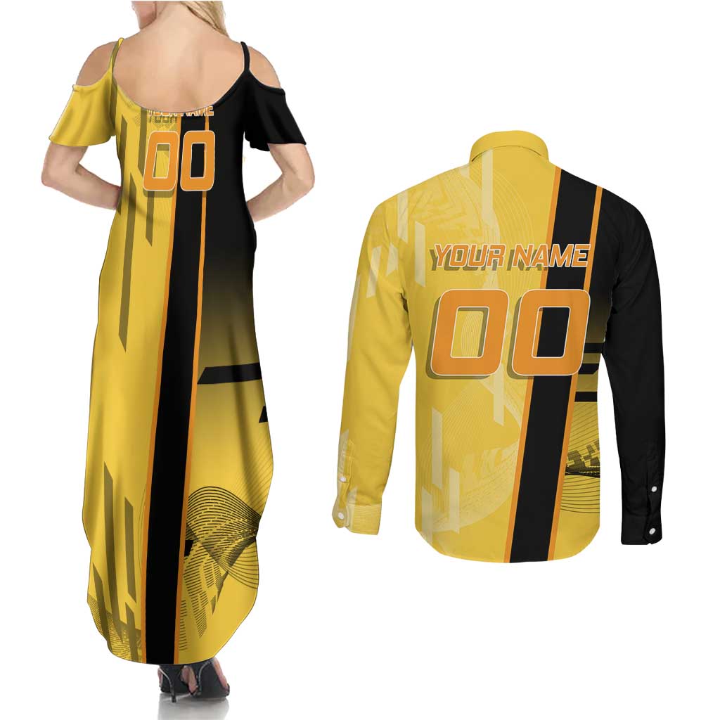 Personalized Zenitsu Agatsuki Demon Slayer Badminton Theme Couples Matching Summer Maxi Dress and Long Sleeve Button Shirt with Racket Action Pose and Yellow Black Graphic Design - The Mazicc