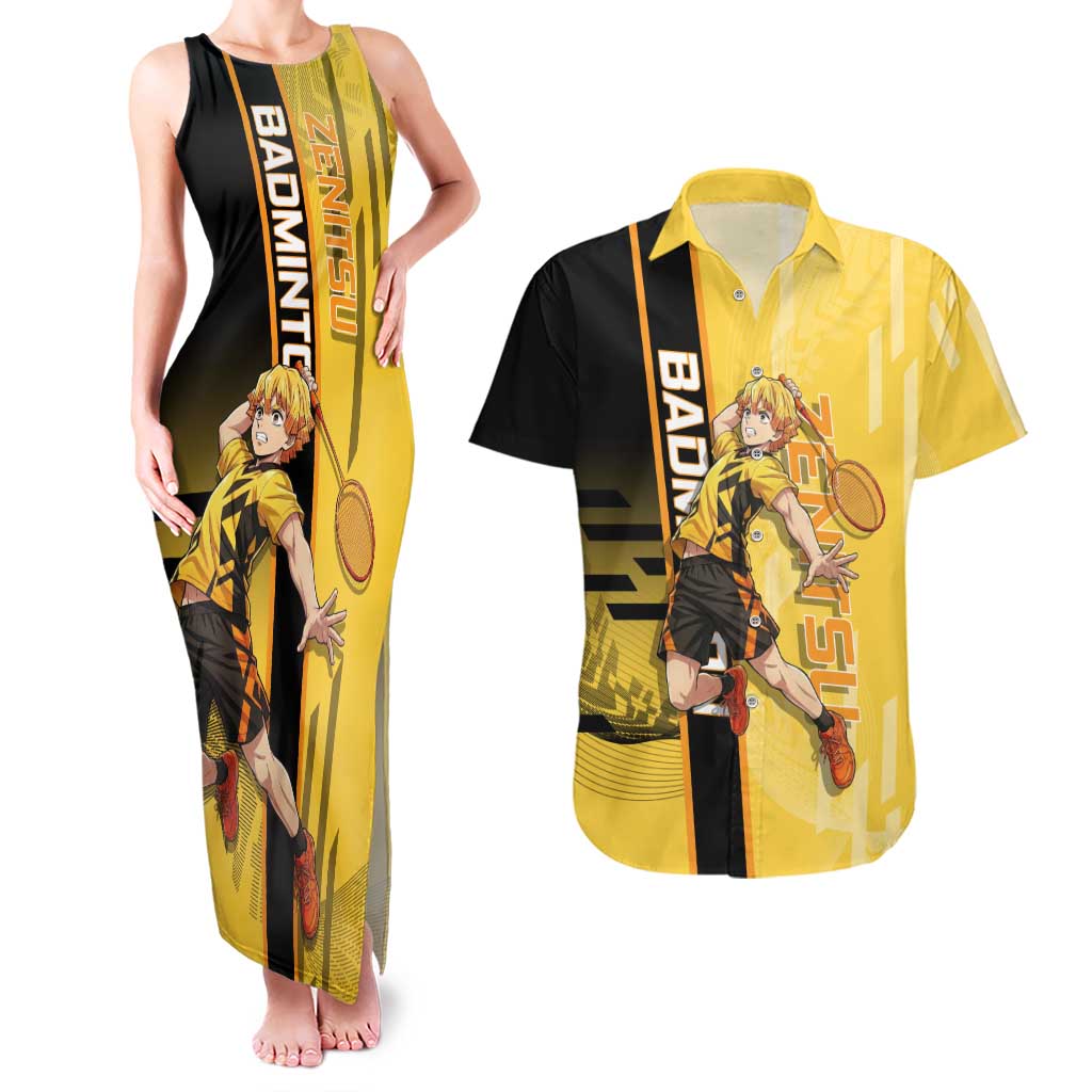 Personalized Zenitsu Agatsuki Demon Slayer Badminton Theme Couples Matching Tank Maxi Dress and Hawaiian Shirt with Racket Action Pose and Yellow Black Graphic Design - The Mazicc