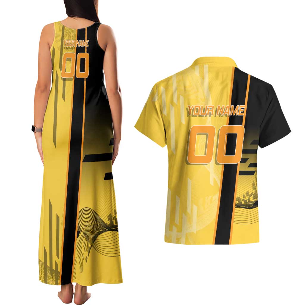 Personalized Zenitsu Agatsuki Demon Slayer Badminton Theme Couples Matching Tank Maxi Dress and Hawaiian Shirt with Racket Action Pose and Yellow Black Graphic Design - The Mazicc