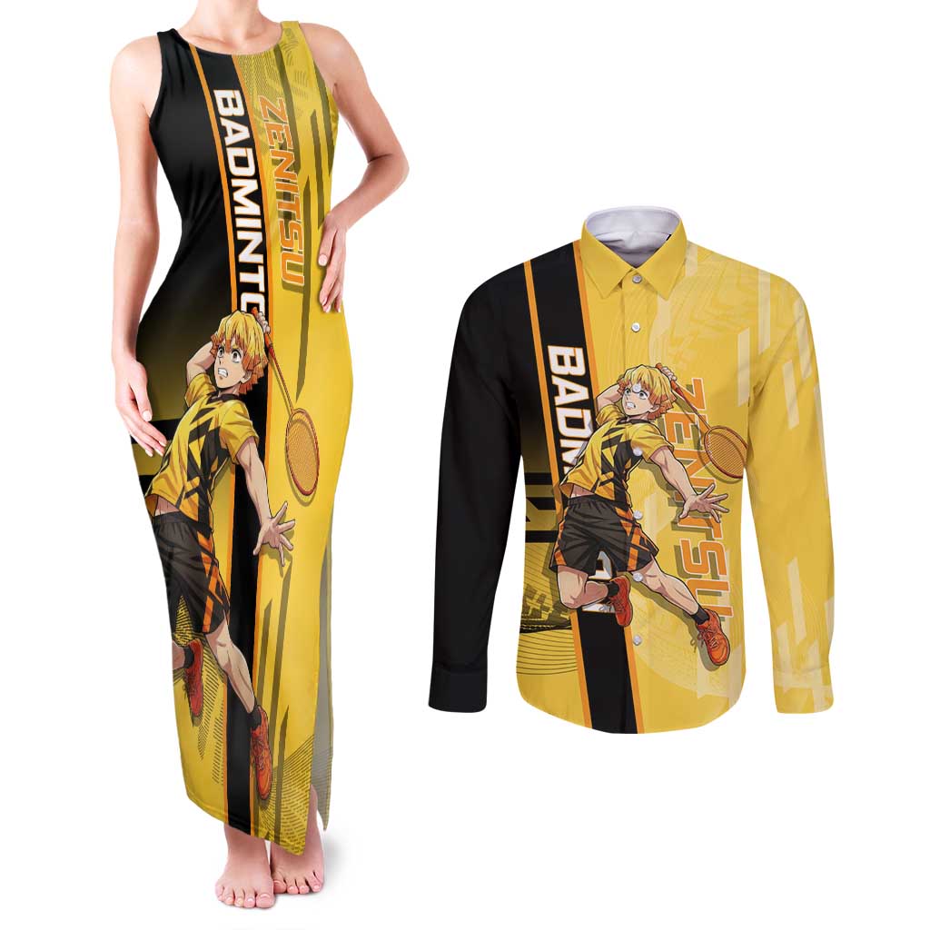 Personalized Zenitsu Agatsuki Demon Slayer Badminton Theme Couples Matching Tank Maxi Dress and Long Sleeve Button Shirt with Racket Action Pose and Yellow Black Graphic Design - The Mazicc
