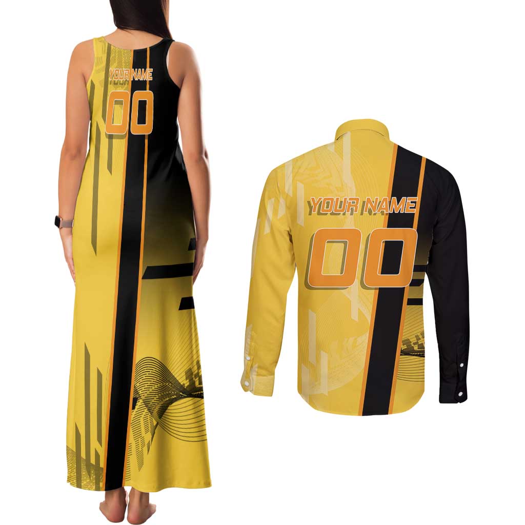 Personalized Zenitsu Agatsuki Demon Slayer Badminton Theme Couples Matching Tank Maxi Dress and Long Sleeve Button Shirt with Racket Action Pose and Yellow Black Graphic Design - The Mazicc