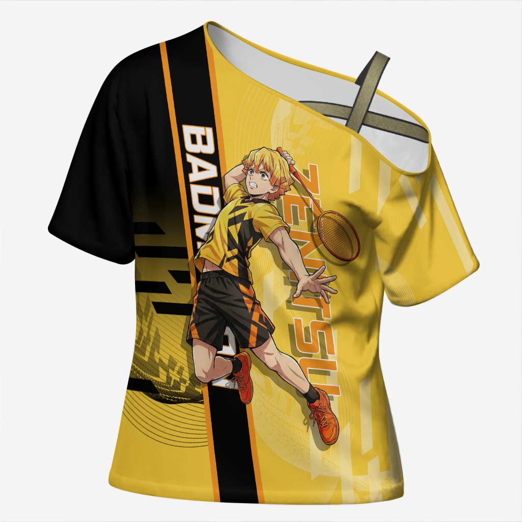 Personalized Zenitsu Agatsuki Demon Slayer Badminton Theme Cross Shoulder Shirt with Racket Action Pose and Yellow Black Graphic Design - The Mazicc