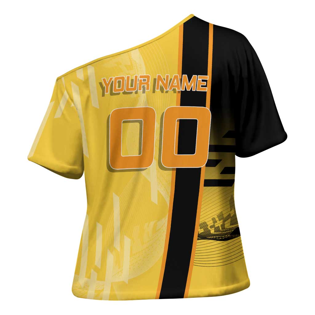 Personalized Zenitsu Agatsuki Demon Slayer Badminton Theme Cross Shoulder Shirt with Racket Action Pose and Yellow Black Graphic Design - The Mazicc
