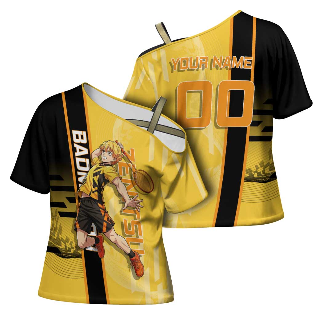 Personalized Zenitsu Agatsuki Demon Slayer Badminton Theme Cross Shoulder Shirt with Racket Action Pose and Yellow Black Graphic Design - The Mazicc