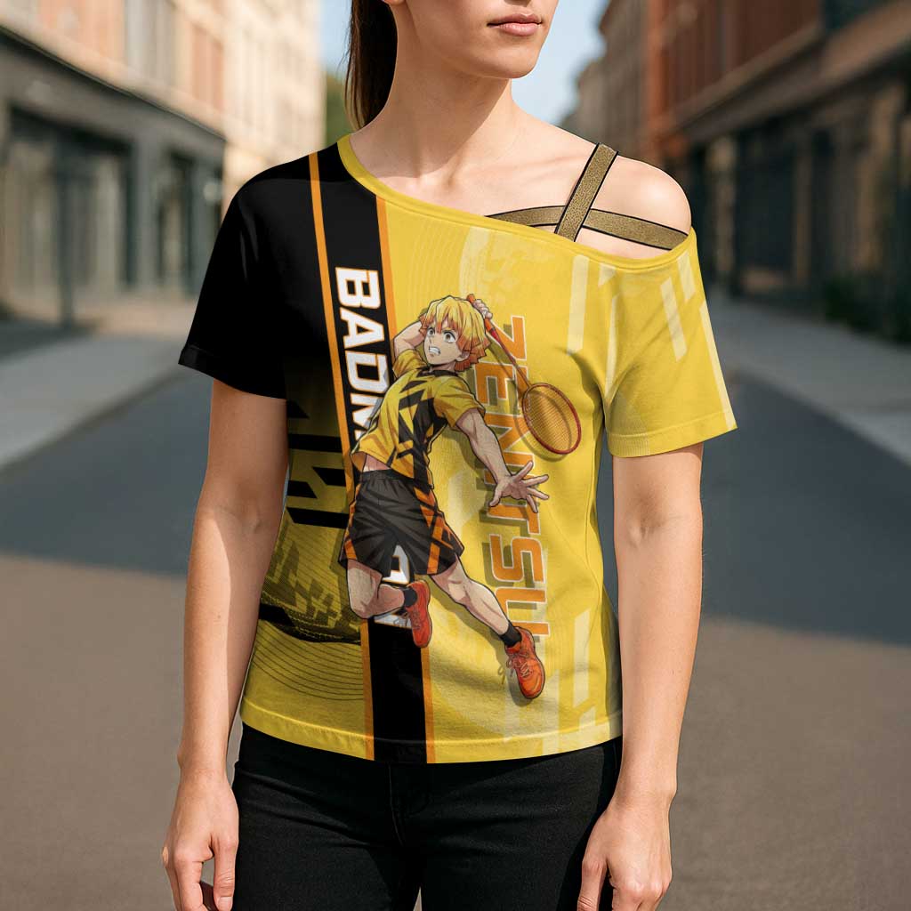 Personalized Zenitsu Agatsuki Demon Slayer Badminton Theme Cross Shoulder Shirt with Racket Action Pose and Yellow Black Graphic Design - The Mazicc
