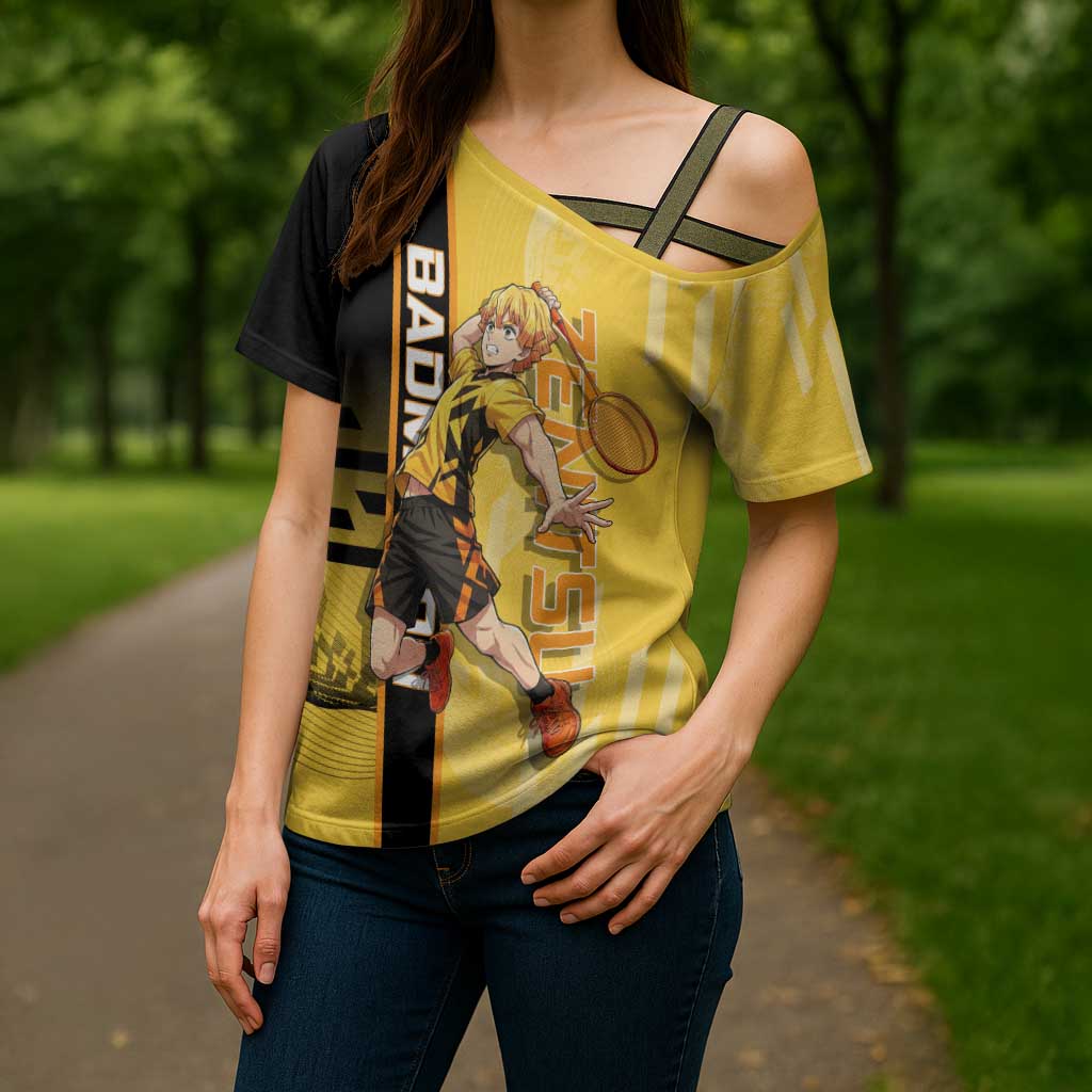 Personalized Zenitsu Agatsuki Demon Slayer Badminton Theme Cross Shoulder Shirt with Racket Action Pose and Yellow Black Graphic Design - The Mazicc