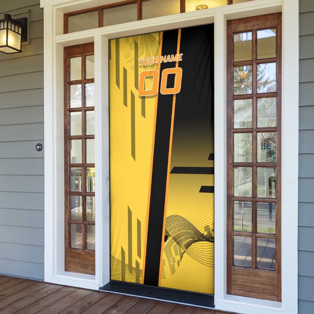 Personalized Zenitsu Agatsuki Demon Slayer Badminton Theme Door Cover with Racket Action Pose and Yellow Black Graphic Design - The Mazicc