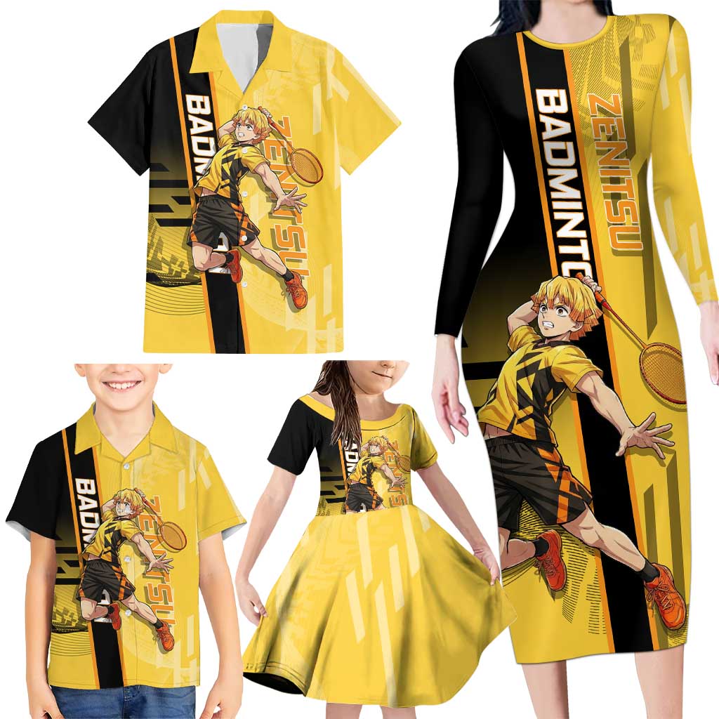 Personalized Zenitsu Agatsuki Demon Slayer Badminton Theme Family Matching Long Sleeve Bodycon Dress and Hawaiian Shirt with Racket Action Pose and Yellow Black Graphic Design