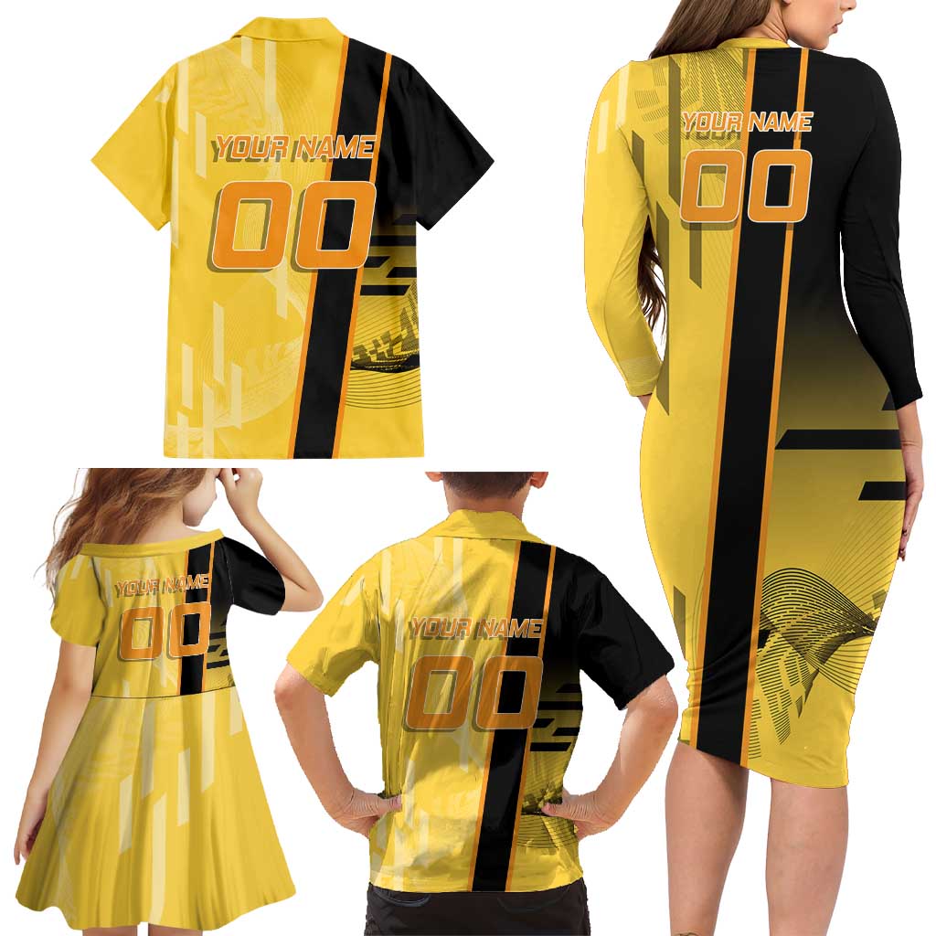 Personalized Zenitsu Agatsuki Demon Slayer Badminton Theme Family Matching Long Sleeve Bodycon Dress and Hawaiian Shirt with Racket Action Pose and Yellow Black Graphic Design
