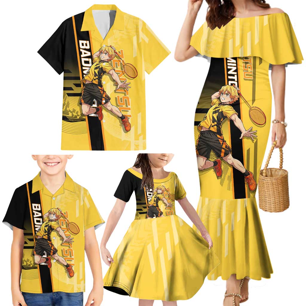 Personalized Zenitsu Agatsuki Demon Slayer Badminton Theme Family Matching Mermaid Dress and Hawaiian Shirt with Racket Action Pose and Yellow Black Graphic Design