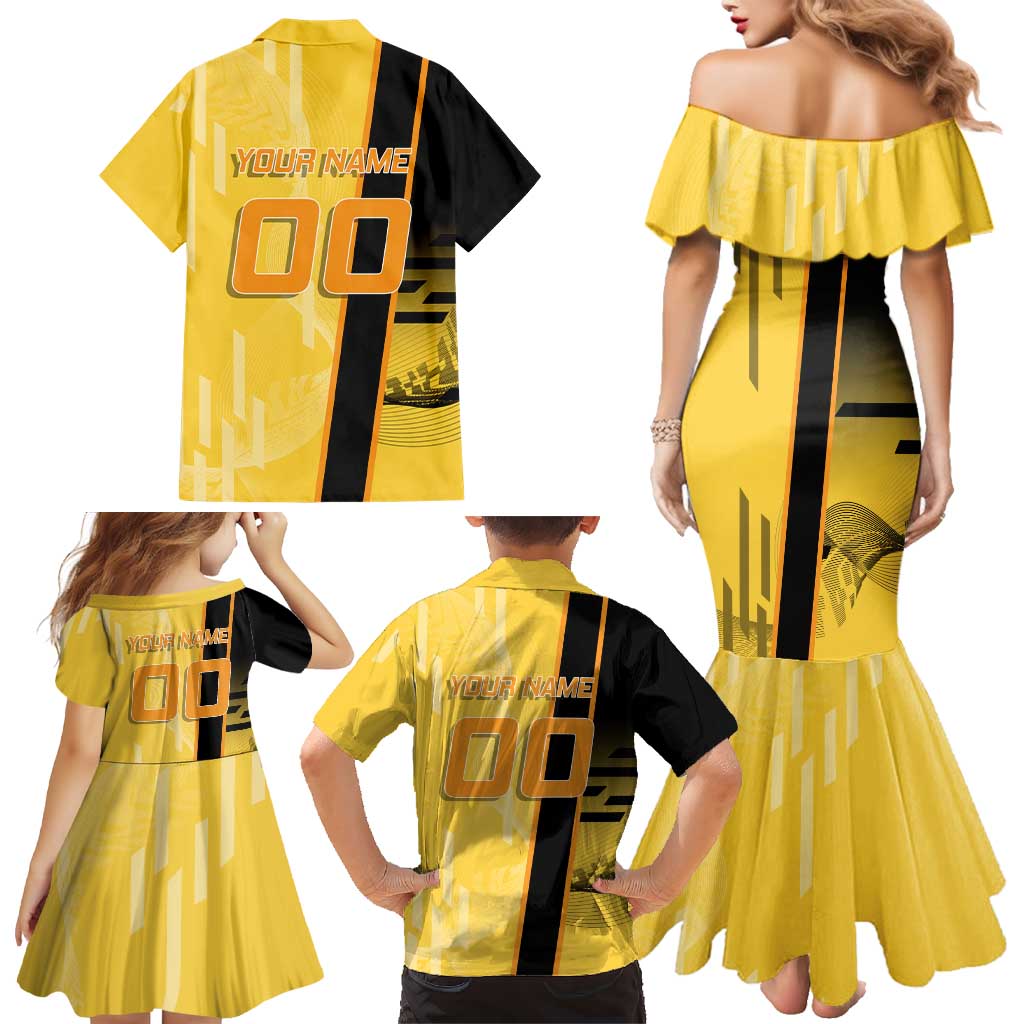 Personalized Zenitsu Agatsuki Demon Slayer Badminton Theme Family Matching Mermaid Dress and Hawaiian Shirt with Racket Action Pose and Yellow Black Graphic Design