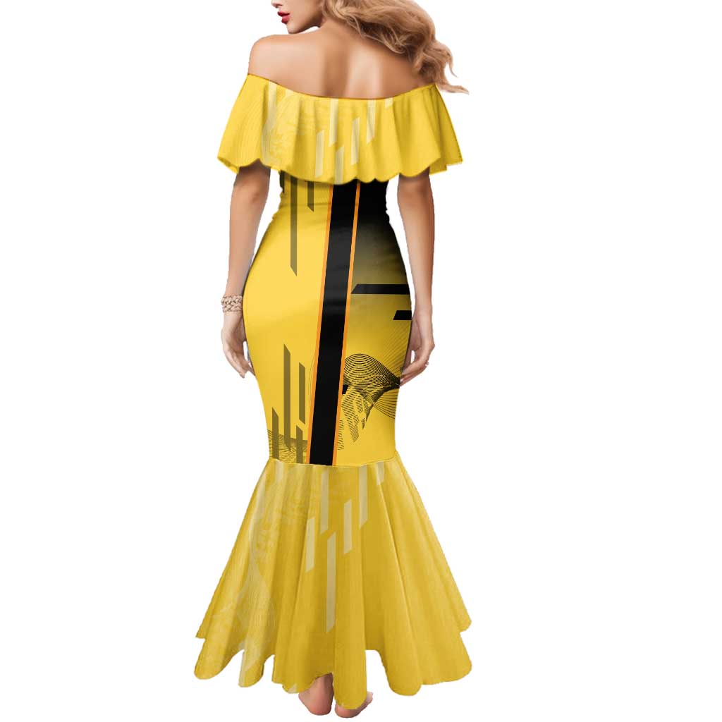 Personalized Zenitsu Agatsuki Demon Slayer Badminton Theme Family Matching Mermaid Dress and Hawaiian Shirt with Racket Action Pose and Yellow Black Graphic Design
