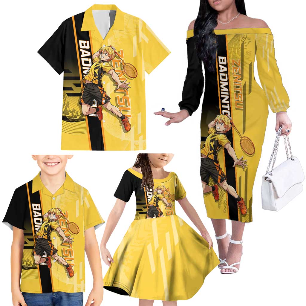 Personalized Zenitsu Agatsuki Demon Slayer Badminton Theme Family Matching Off The Shoulder Long Sleeve Dress and Hawaiian Shirt with Racket Action Pose and Yellow Black Graphic Design