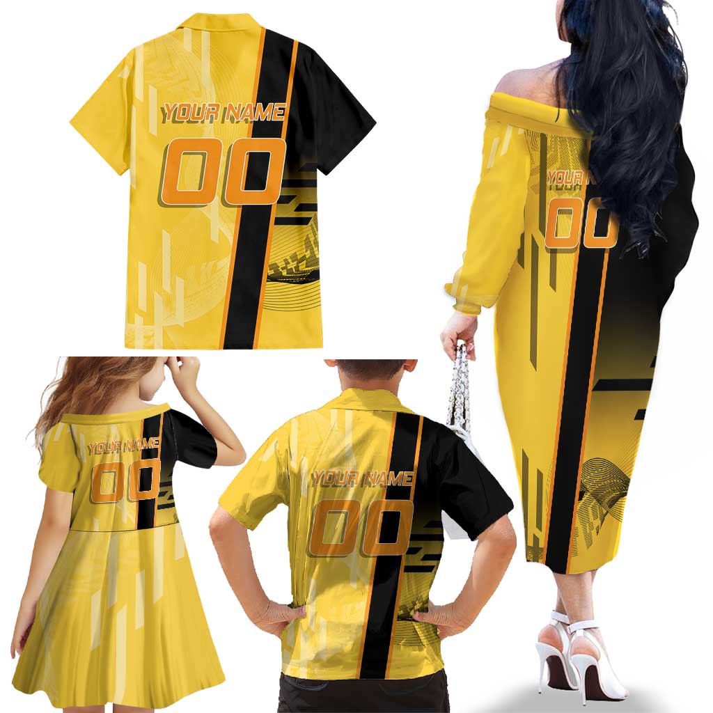 Personalized Zenitsu Agatsuki Demon Slayer Badminton Theme Family Matching Off The Shoulder Long Sleeve Dress and Hawaiian Shirt with Racket Action Pose and Yellow Black Graphic Design