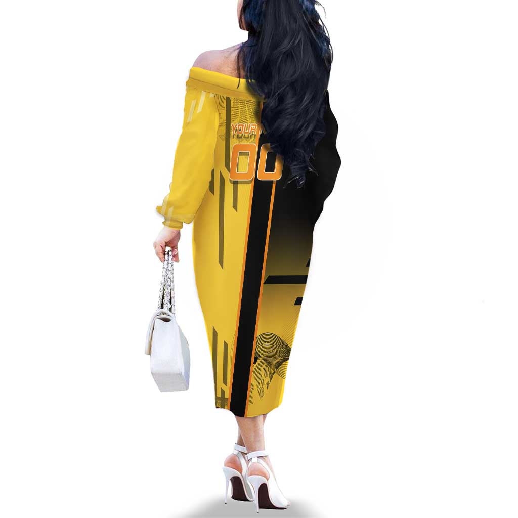 Personalized Zenitsu Agatsuki Demon Slayer Badminton Theme Family Matching Off The Shoulder Long Sleeve Dress and Hawaiian Shirt with Racket Action Pose and Yellow Black Graphic Design