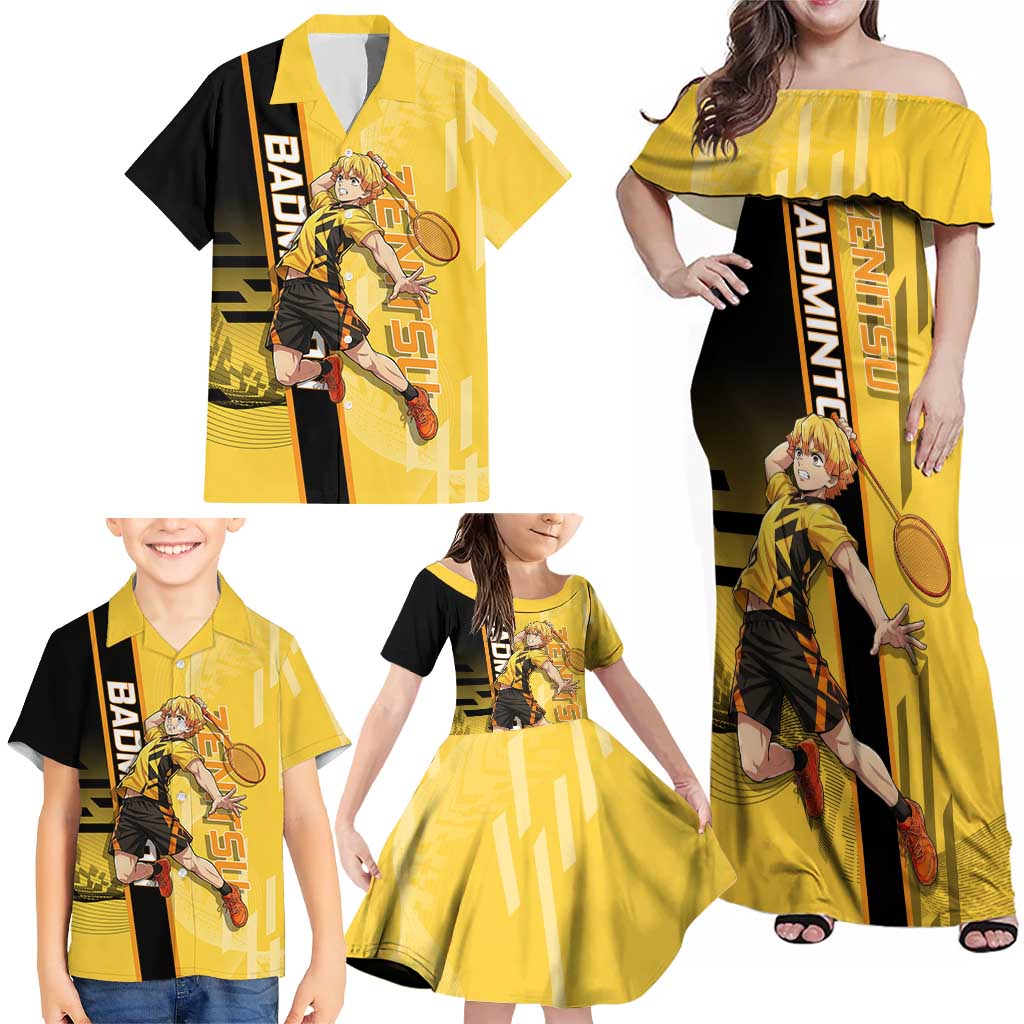 Personalized Zenitsu Agatsuki Demon Slayer Badminton Theme Family Matching Off Shoulder Maxi Dress and Hawaiian Shirt with Racket Action Pose and Yellow Black Graphic Design
