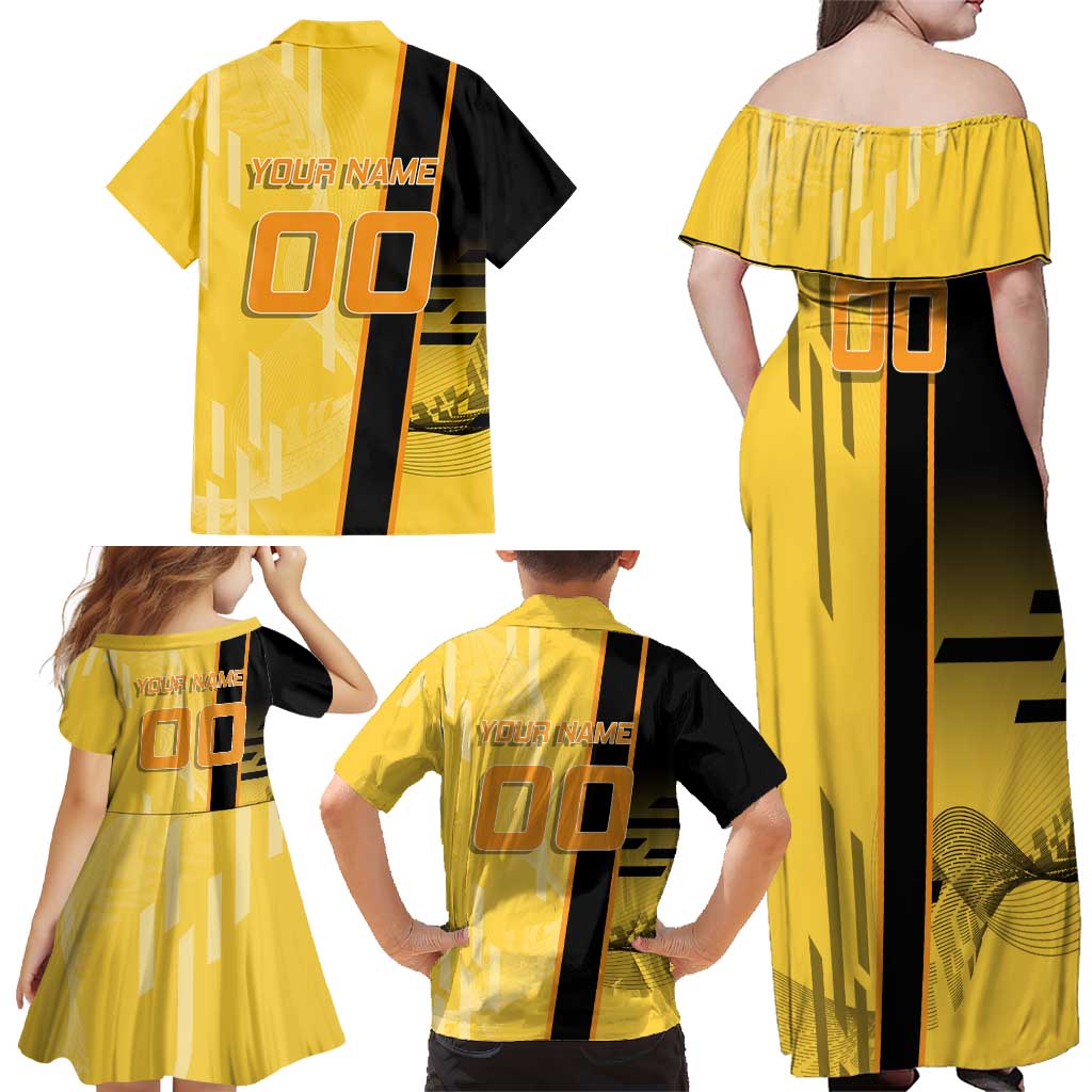 Personalized Zenitsu Agatsuki Demon Slayer Badminton Theme Family Matching Off Shoulder Maxi Dress and Hawaiian Shirt with Racket Action Pose and Yellow Black Graphic Design