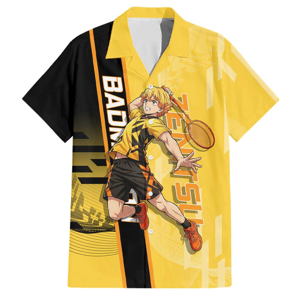 Personalized Zenitsu Agatsuki Demon Slayer Badminton Theme Family Matching Off Shoulder Maxi Dress and Hawaiian Shirt with Racket Action Pose and Yellow Black Graphic Design