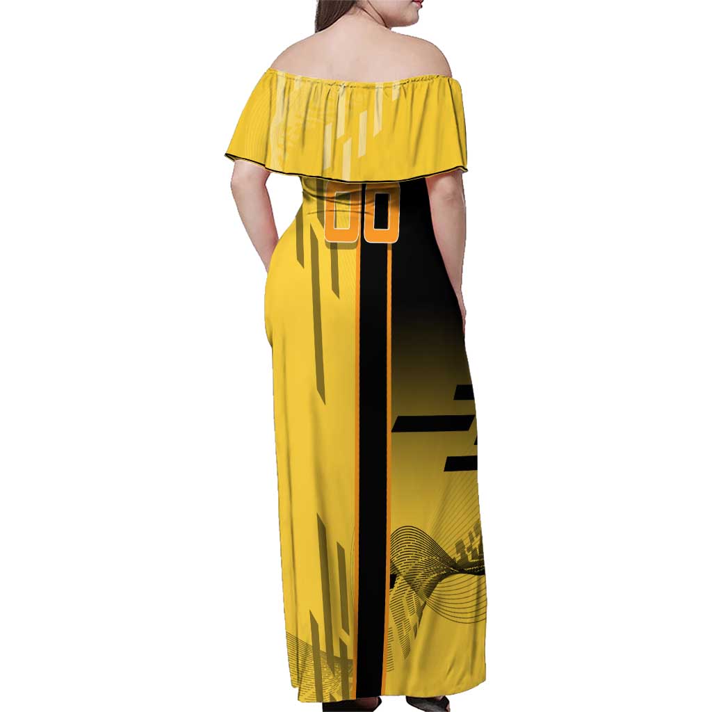 Personalized Zenitsu Agatsuki Demon Slayer Badminton Theme Family Matching Off Shoulder Maxi Dress and Hawaiian Shirt with Racket Action Pose and Yellow Black Graphic Design