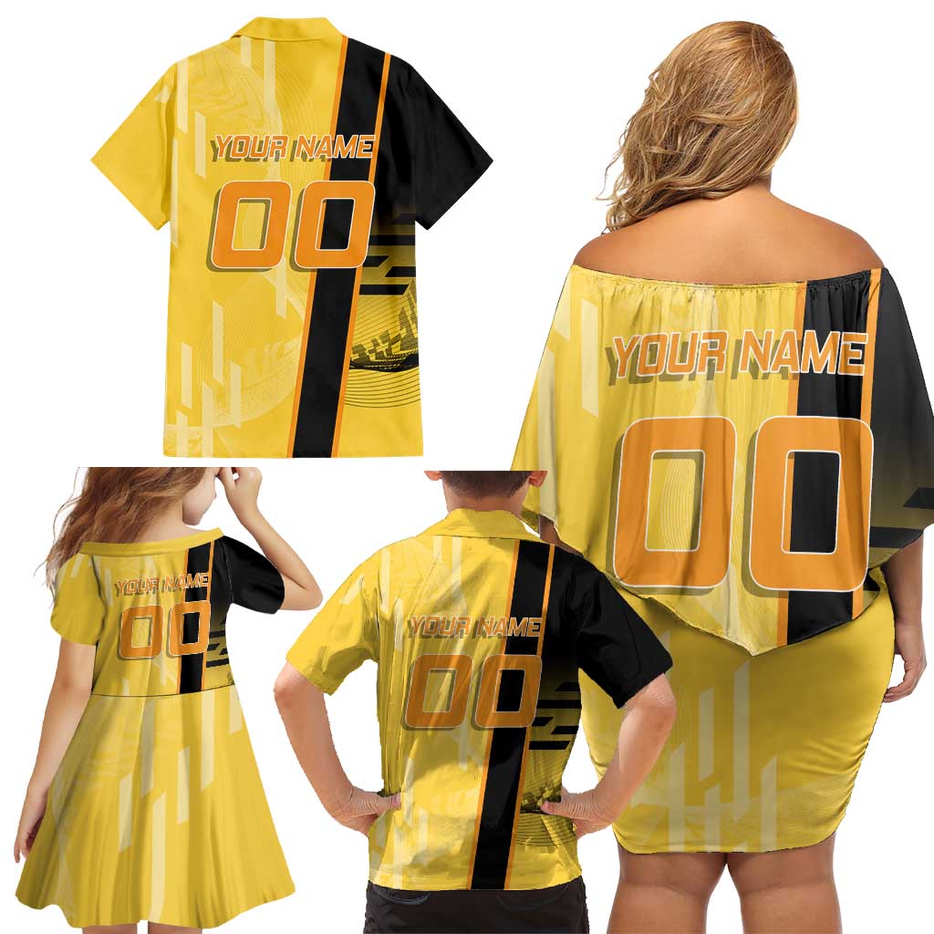 Personalized Zenitsu Agatsuki Demon Slayer Badminton Theme Family Matching Off Shoulder Short Dress and Hawaiian Shirt with Racket Action Pose and Yellow Black Graphic Design