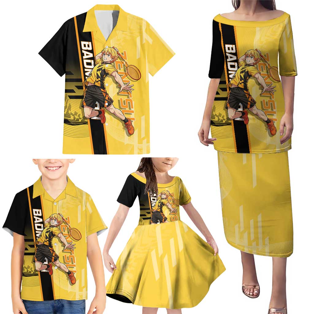 Personalized Zenitsu Agatsuki Demon Slayer Badminton Theme Family Matching Puletasi and Hawaiian Shirt with Racket Action Pose and Yellow Black Graphic Design