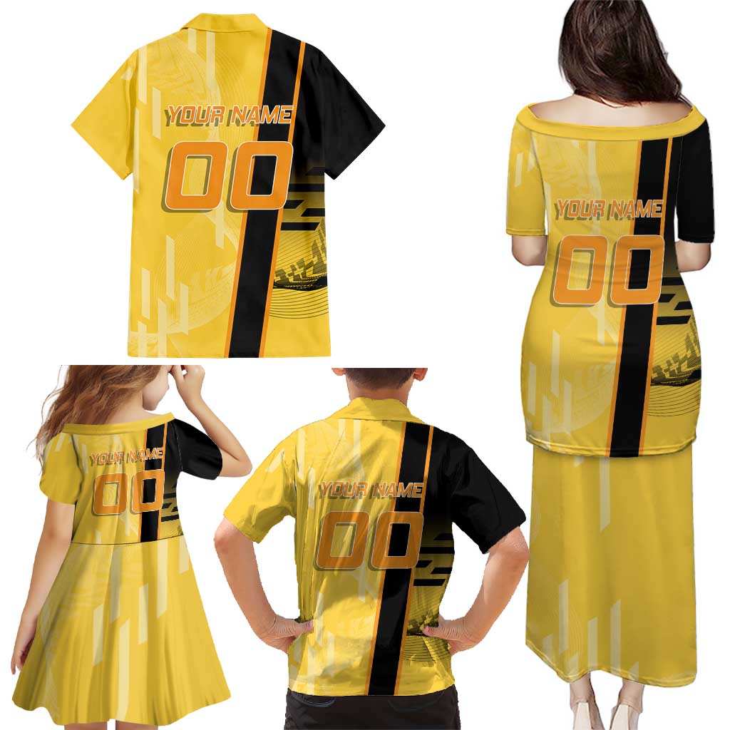 Personalized Zenitsu Agatsuki Demon Slayer Badminton Theme Family Matching Puletasi and Hawaiian Shirt with Racket Action Pose and Yellow Black Graphic Design