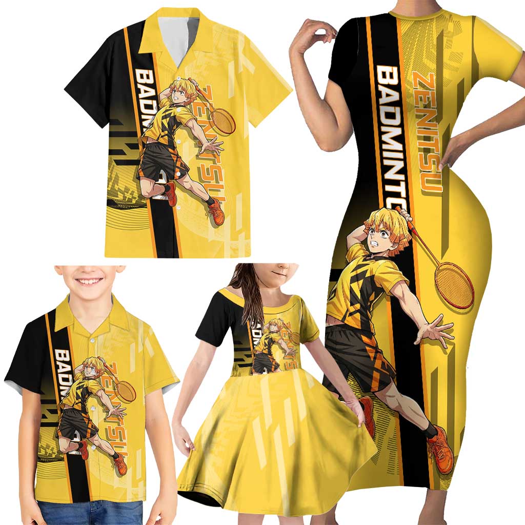 Personalized Zenitsu Agatsuki Demon Slayer Badminton Theme Family Matching Short Sleeve Bodycon Dress and Hawaiian Shirt with Racket Action Pose and Yellow Black Graphic Design