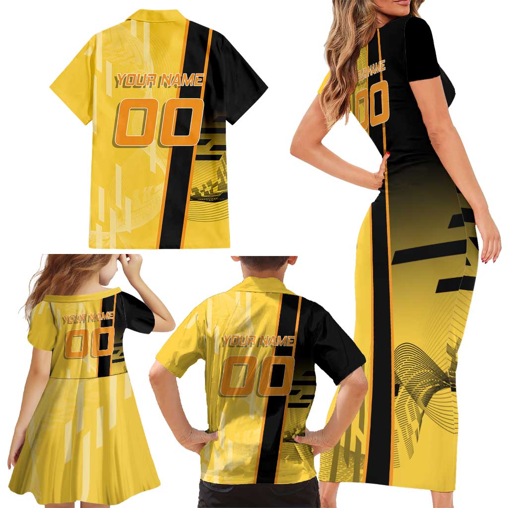 Personalized Zenitsu Agatsuki Demon Slayer Badminton Theme Family Matching Short Sleeve Bodycon Dress and Hawaiian Shirt with Racket Action Pose and Yellow Black Graphic Design