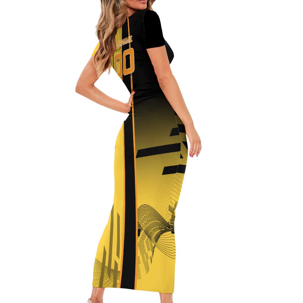 Personalized Zenitsu Agatsuki Demon Slayer Badminton Theme Family Matching Short Sleeve Bodycon Dress and Hawaiian Shirt with Racket Action Pose and Yellow Black Graphic Design