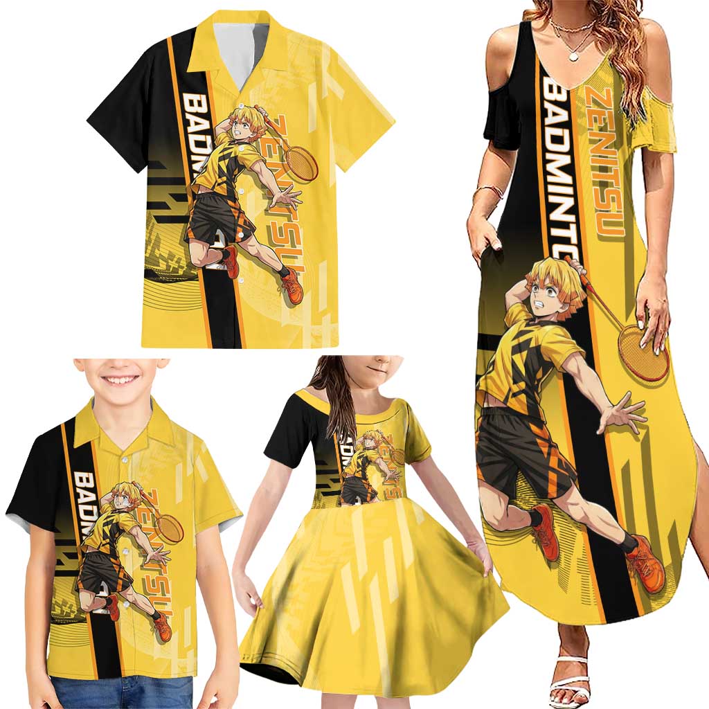 Personalized Zenitsu Agatsuki Demon Slayer Badminton Theme Family Matching Summer Maxi Dress and Hawaiian Shirt with Racket Action Pose and Yellow Black Graphic Design
